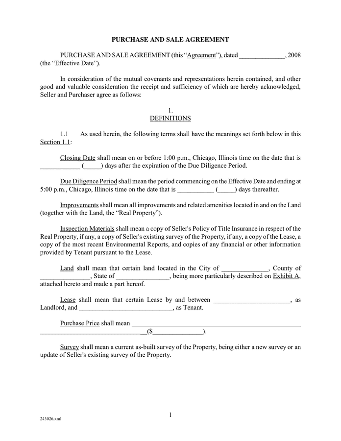 Purchase and sale agreement in Word and Pdf formats
