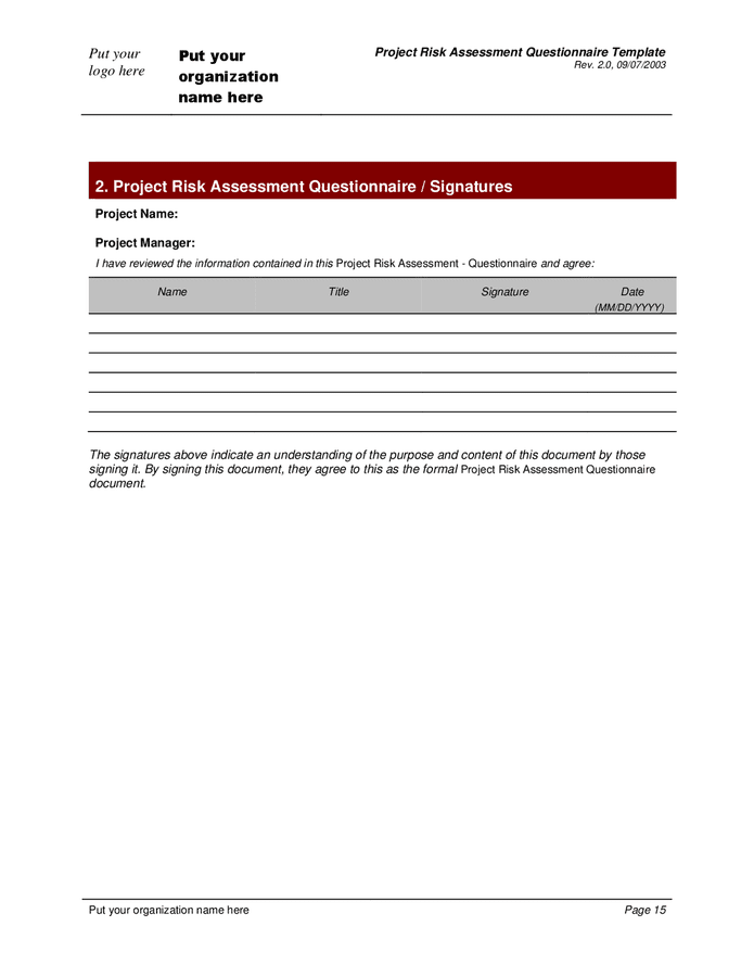 Project Risk Assessment Questionnaire In Word And Pdf Formats Page