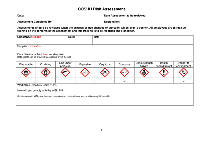 COSHH Risk Assessment In Word And Pdf Formats