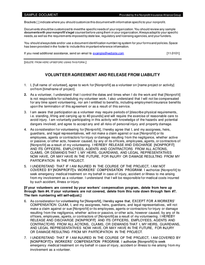 Volunteer Agreement And Release From Liability Form In Word And Pdf Formats