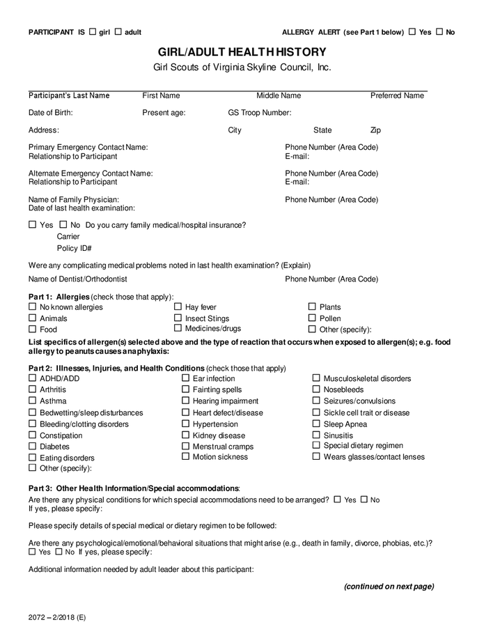 Girl Adult Health History Form In Word And Pdf Formats