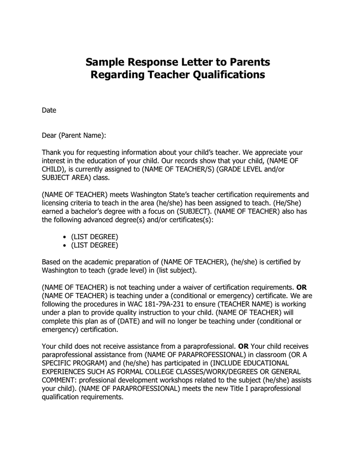 Response Letter to Parents in Word and Pdf formats