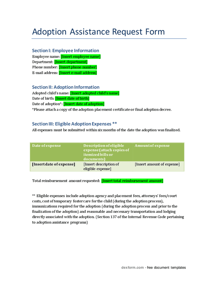 Adoption Assistance Request Form In Word And Pdf Formats