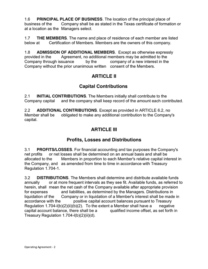 Texas LLC Operating Agreement In Word And Pdf Formats Page 2 Of 11