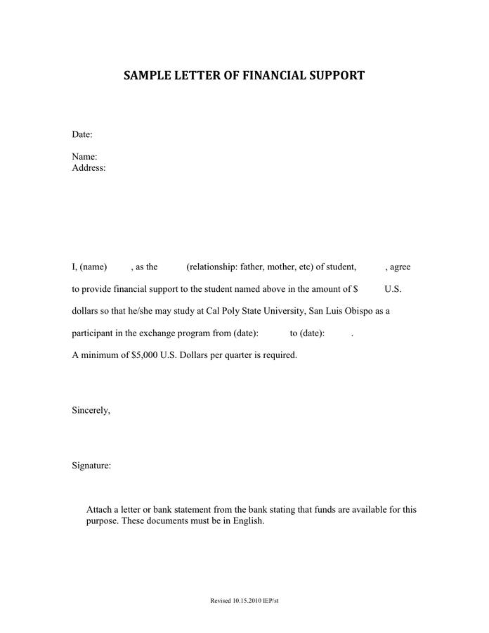 Letter of Financial Support in Word and Pdf formats