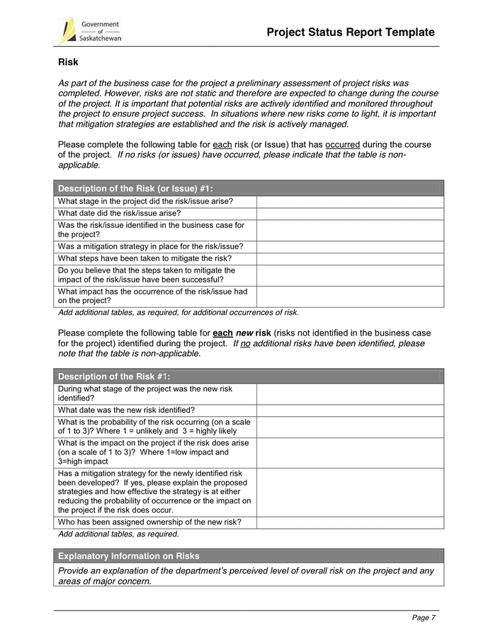 Project Monthly Status Report Template