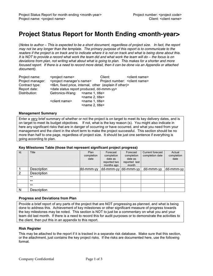 Project Monthly Status Report Template