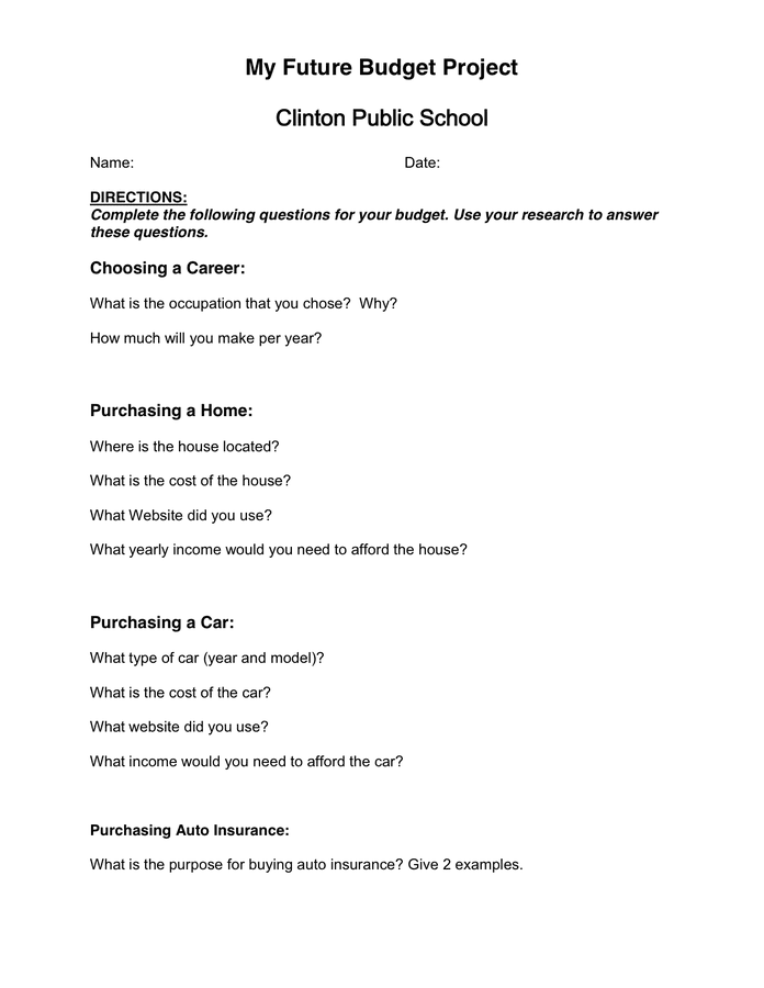 Personal budget project worksheet in Word and Pdf formats
