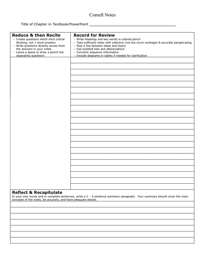 Cornell Notes Template in Word and Pdf formats