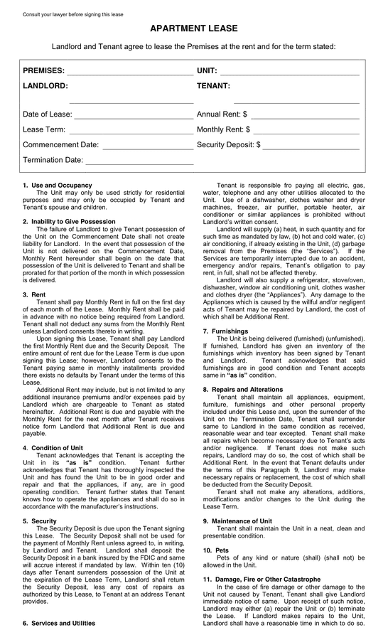 Apartment Lease Agreement in Word and Pdf formats