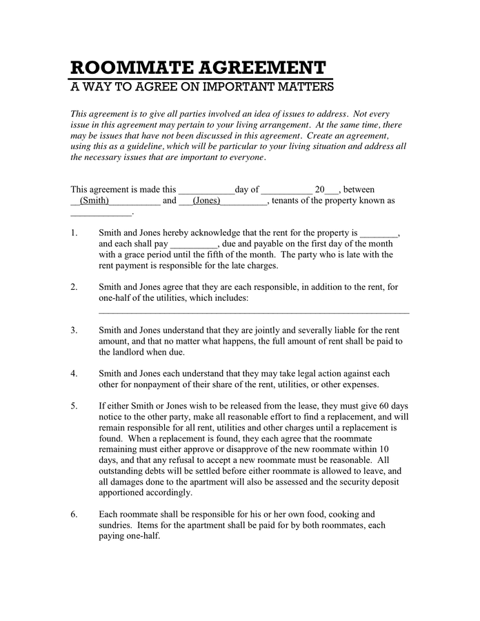 Roommate Agreement In Word And Pdf Formats