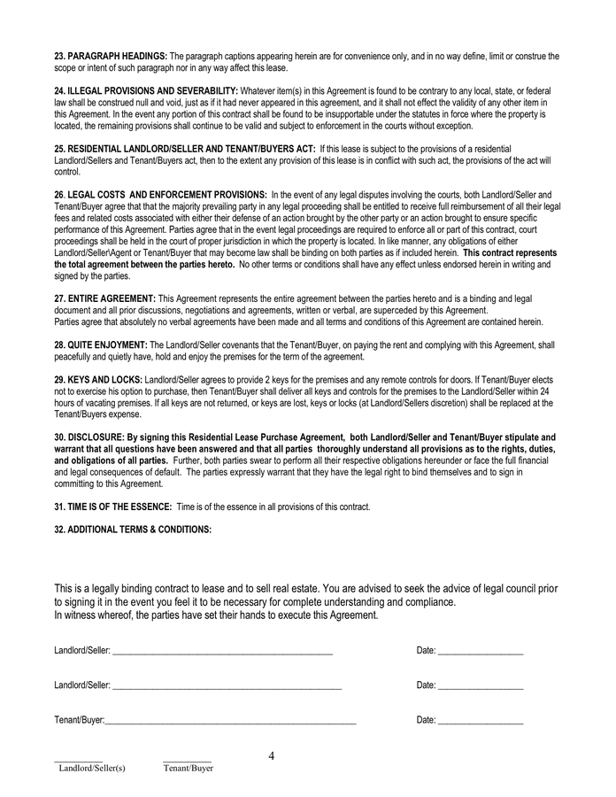 Residential Lease Purchase Agreement In Word And Pdf Formats Page 4 Of 4 5468