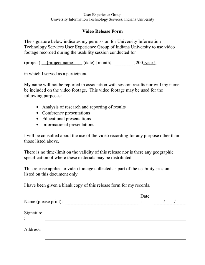 Video Release Form in Word and Pdf formats
