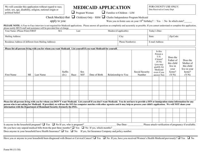 Georgia Medicaid Application in Word and Pdf formats
