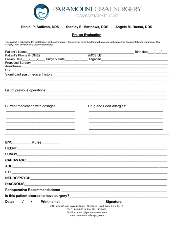 Surgical Medical Clearance Form