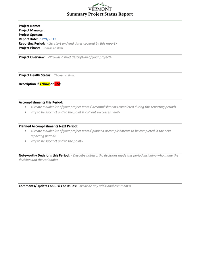 Summary Project Status Report in Word and Pdf formats