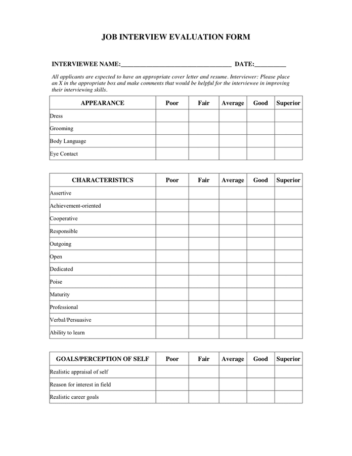 Interview Evaluation Form Job interview evaluation form page 1