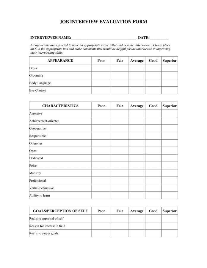 Job Interview Evaluation Form In Word And Pdf Formats 0883