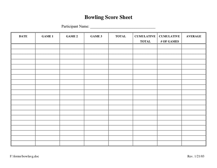 Bowling Score Sheet in Word and Pdf formats