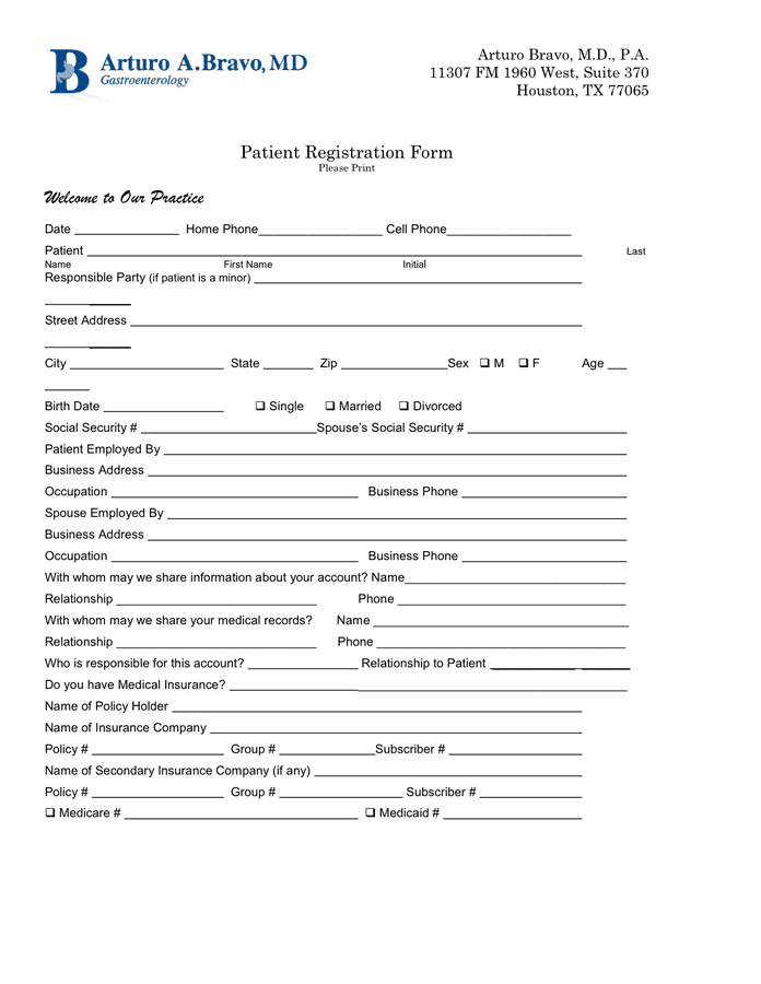 Patient Registration Form in Word and Pdf formats