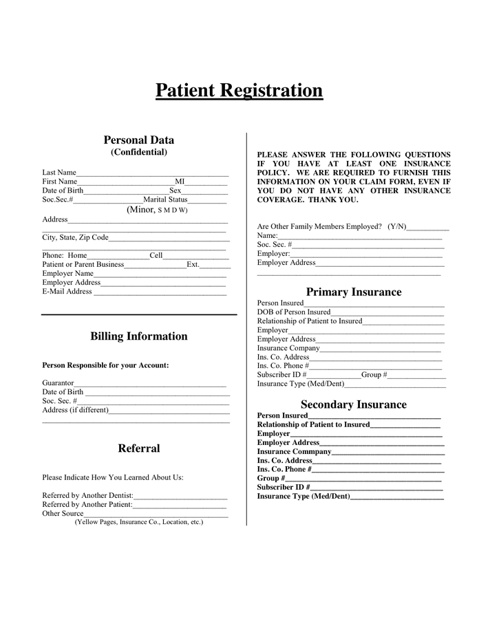 Patient Registration Form In Word And Pdf Formats 4714