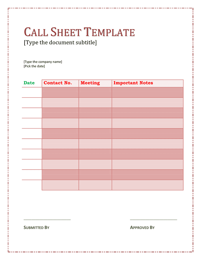 Call Sheet Template download free documents for PDF, Word and Excel