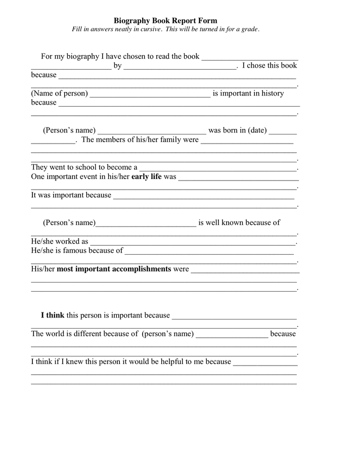 Biography Book Report Form in Word and Pdf formats Biography