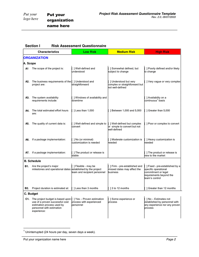 Risk Assessment Questionnaire Template