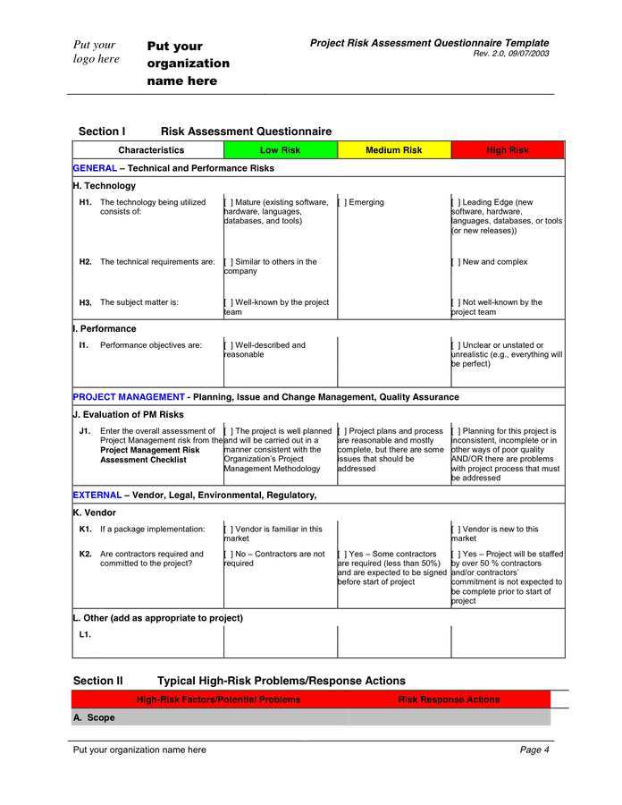 Project Risk Assessment Questionnaire Template Download Printable Pdf 