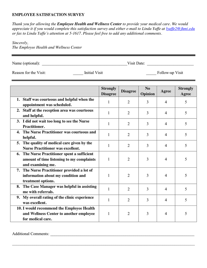 Printable Employee Satisfaction Survey Template