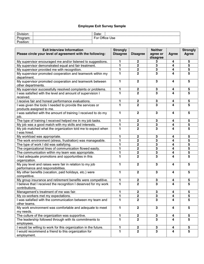 Employee Satisfaction Sample Questionnaire