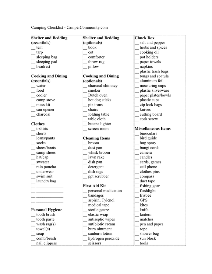 Camping Checklist in Word and Pdf formats