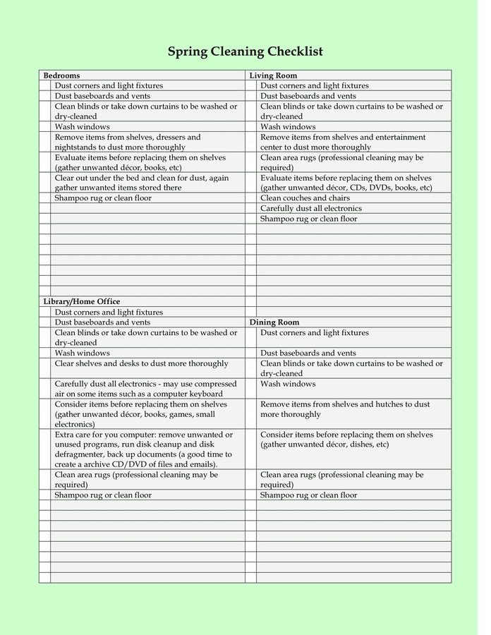 Spring Cleaning Checklist download free documents for PDF, Word and Excel