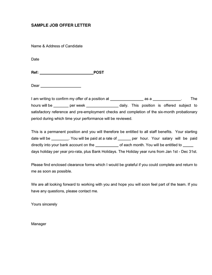 job offer letter in Word and Pdf formats