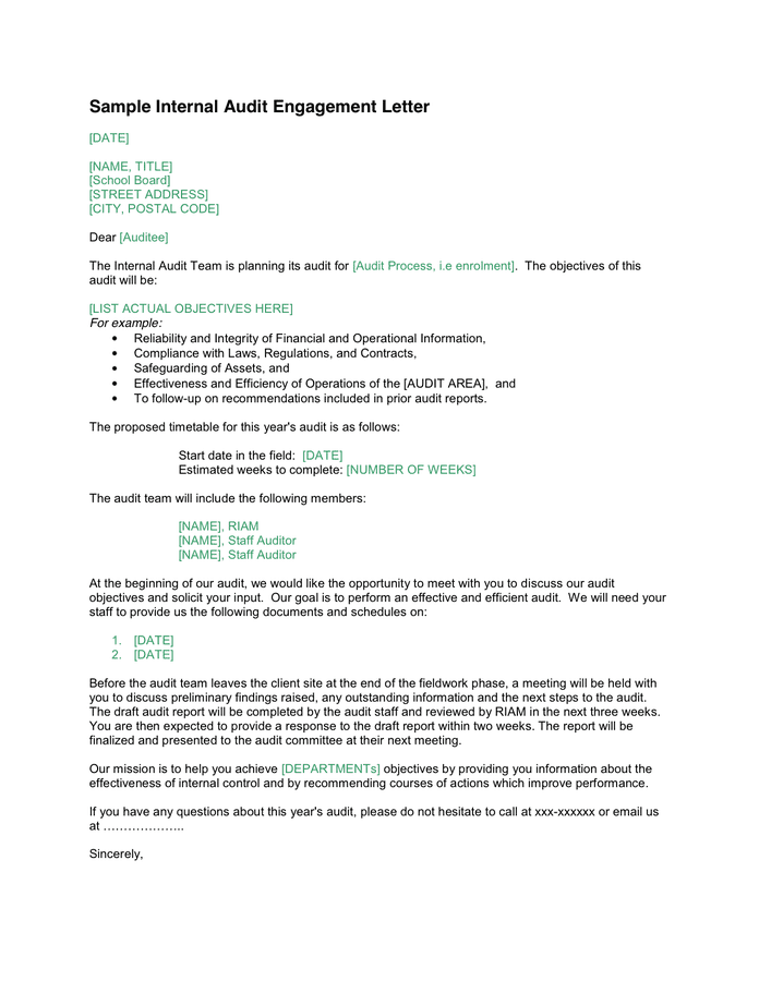 Internal Audit Engagement Letter in Word and Pdf formats