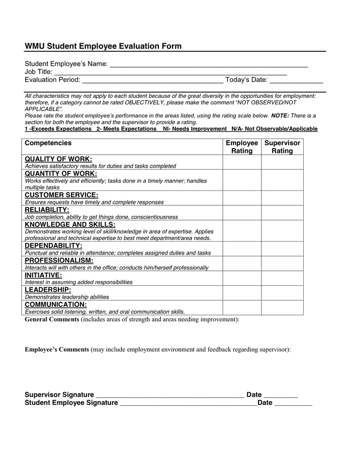 Student Employee Evaluation Form in Word and Pdf formats