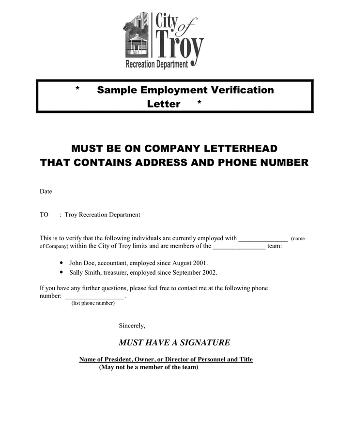 Employment Verification Letter Template Word Free