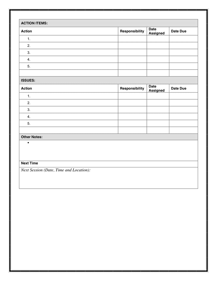 Agenda and Meeting Notes Template in Word and Pdf formats - page 2 of 2