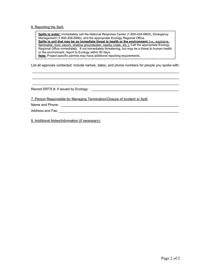 Spill Or Incident Report Form In Word And Pdf Formats Page 2 Of 2 6054