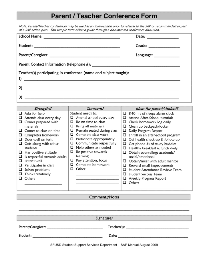 Printable Parent Teacher Conference Sign In Sheet Pdf