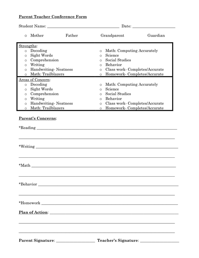 Parent Teacher Conference Form in Word and Pdf formats