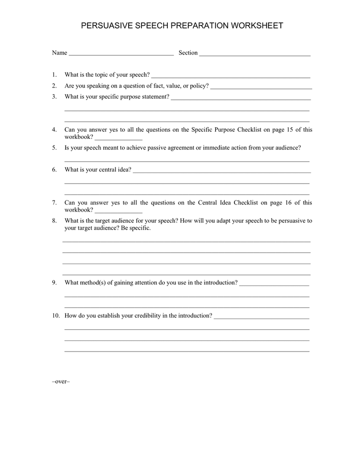 Persuasive speech preparation worksheet in Word and Pdf formats