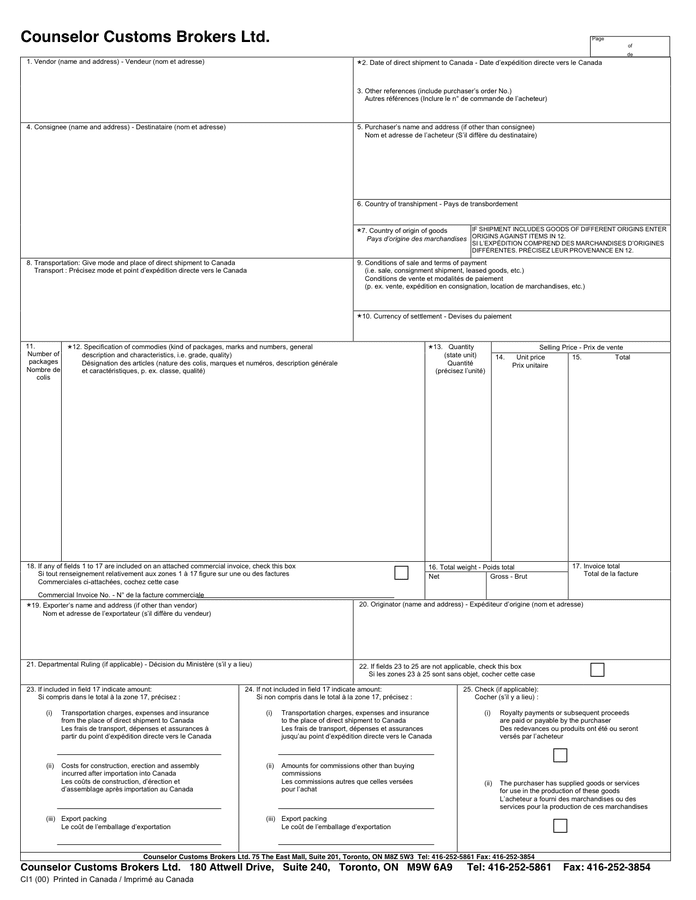 CANADA CUSTOMS INVOICE Sample in Word and Pdf formats