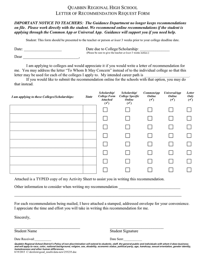 Letter Of Recommendation Request Form In Word And Pdf Formats 