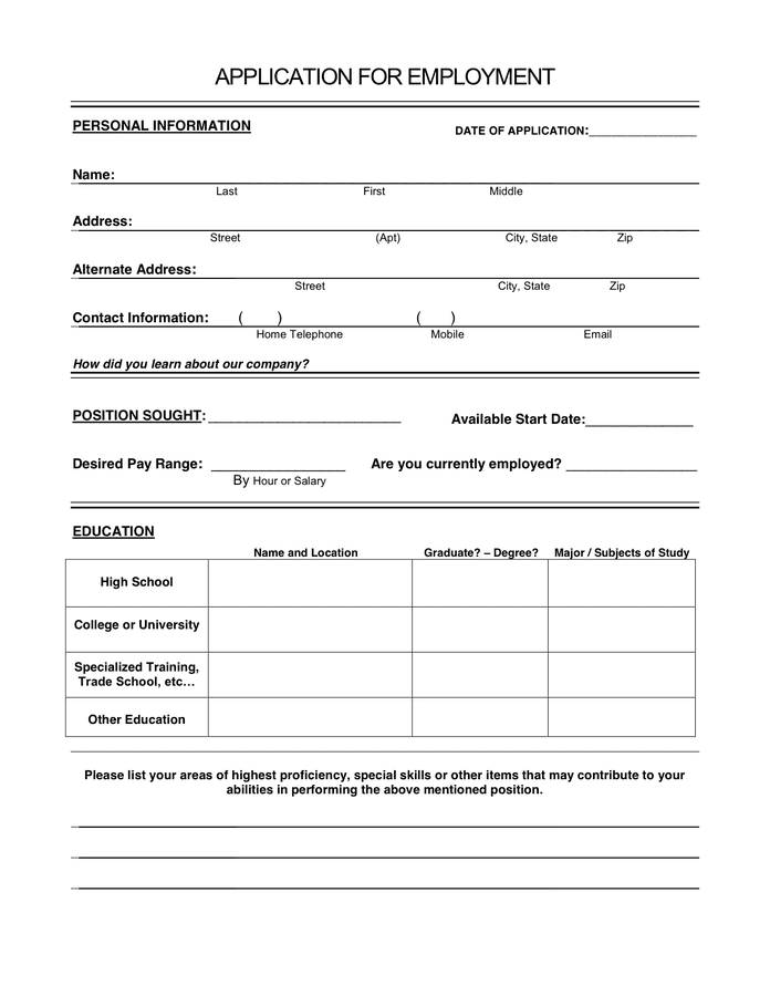 Sample Application For Employment