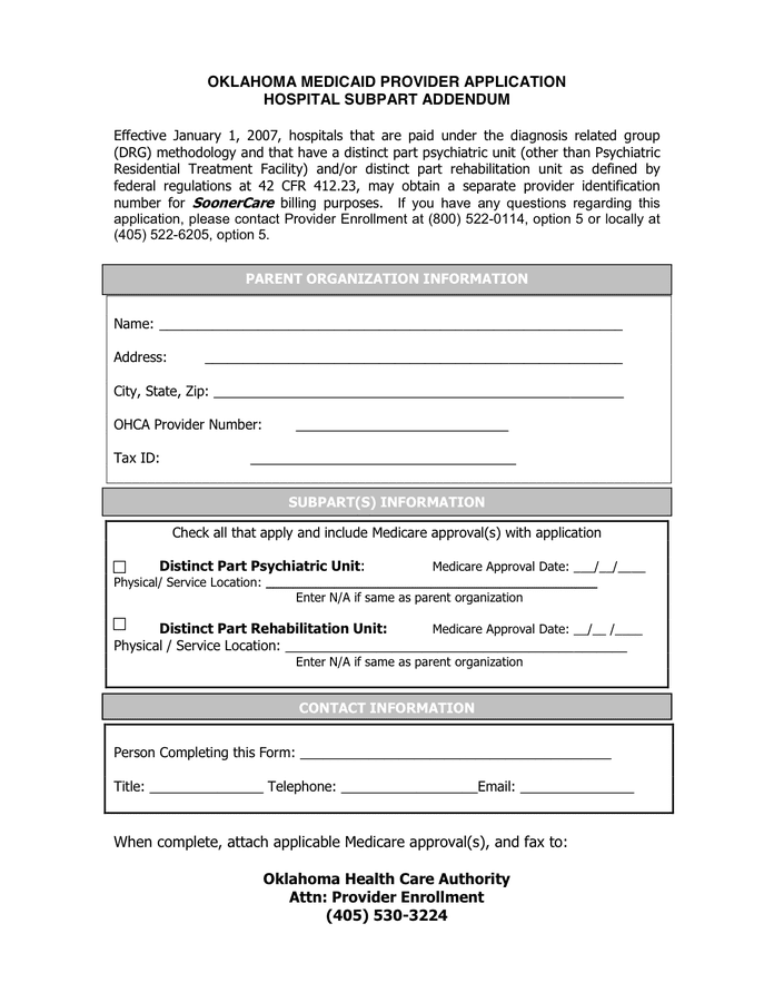 OKLAHOMA MEDICAID PROVIDER APPLICATION in Word and Pdf formats