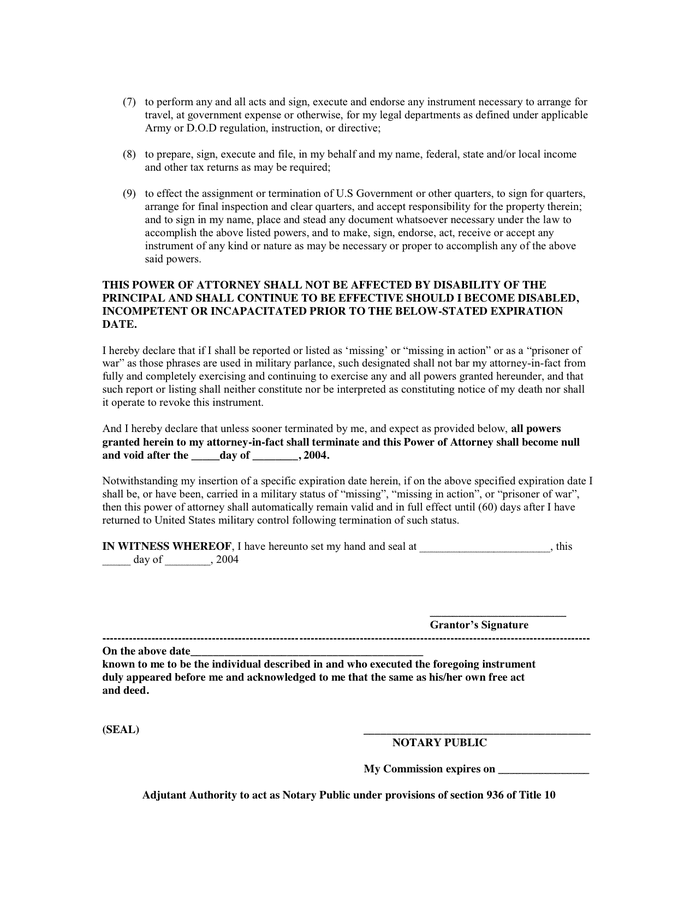 MILITARY SPECIAL POWER OF ATTORNEY in Word and Pdf formats page 2 of 2
