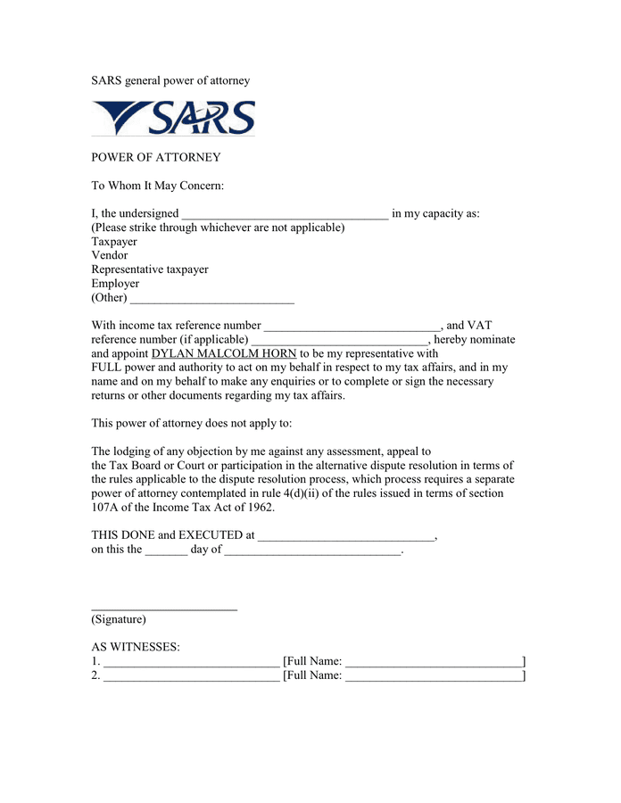 Sars Power Of Attorney Letter Pdf