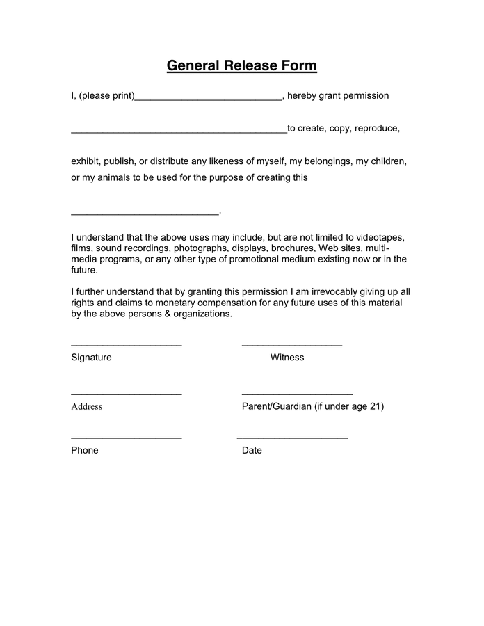 Free General Release Of Information Form Template Word Printable