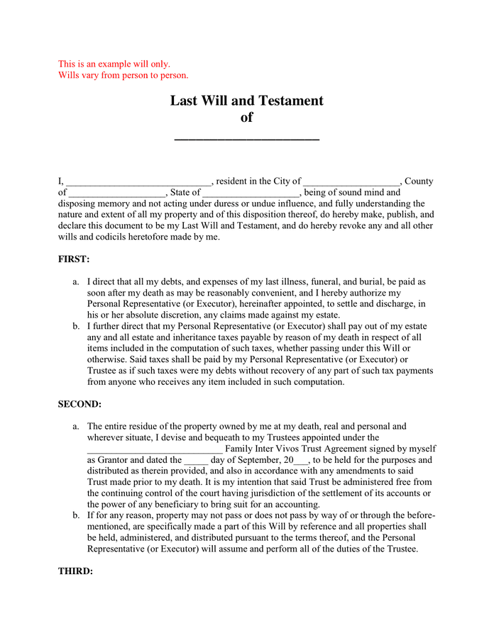 Last Will and Testament Sample in Word and Pdf formats